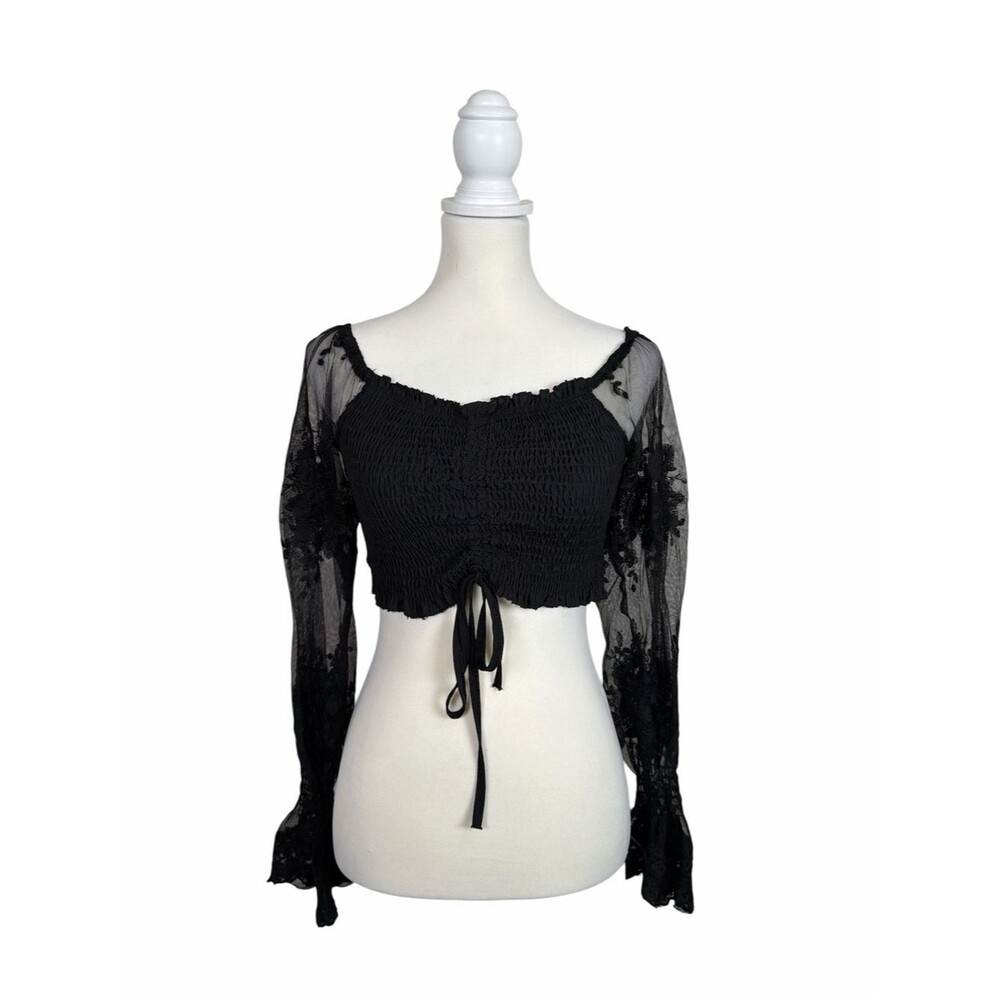 Mesh Lace Sleeve Smocked Crop Top Black Gothic Whimsigoth Fairy Grunge Size M